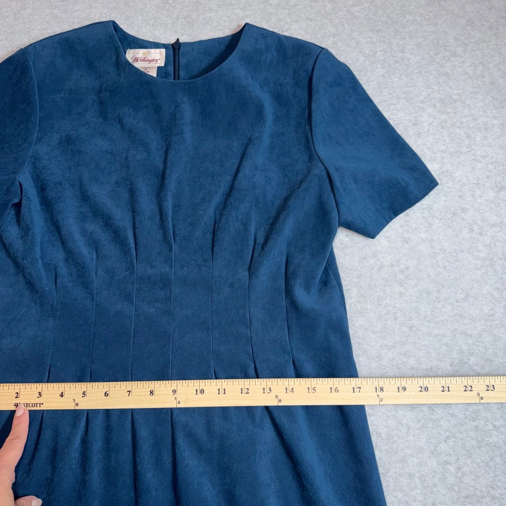 Vintage Worthington Sheath Dress 12P Dark Teal Faux Suede Pleated Short Sleeve - Picture 11 of 12